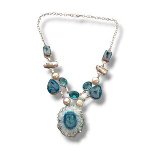 Starburst Druzy Agate Filigree Necklace Natural Stone Pearl Silver Plated